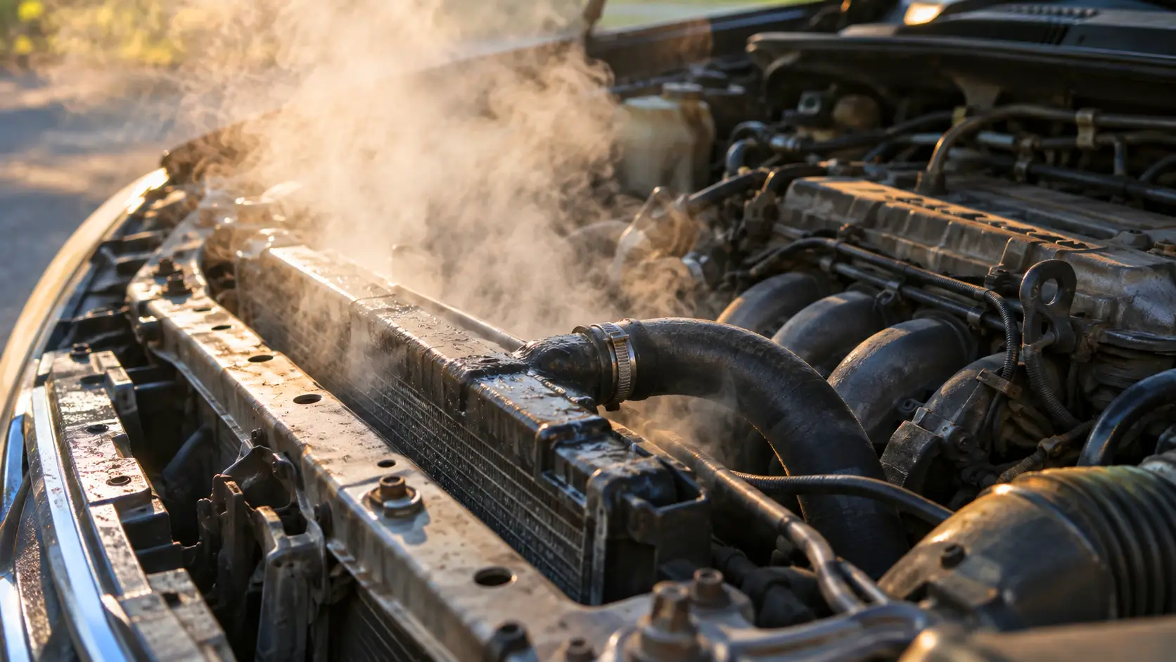 Vapor saindo do radiador de um carro com o capô aberto